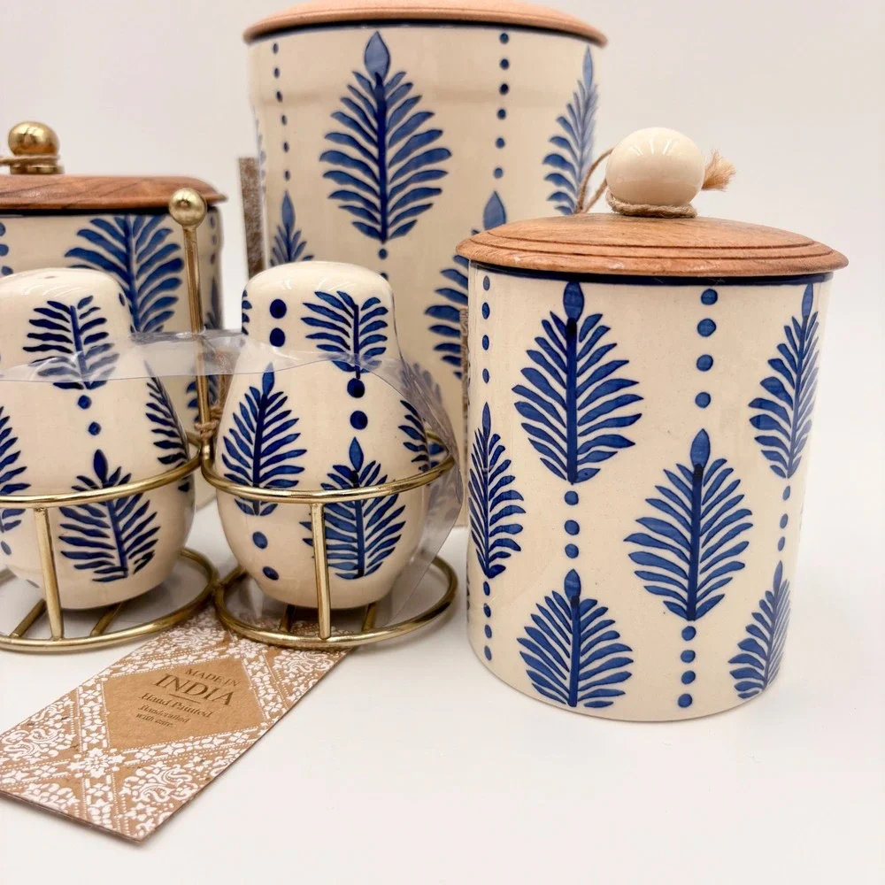 Made in India Blue Floral Leaf Hand Painted Ceramic Canister Set Salt Pepper 5pc